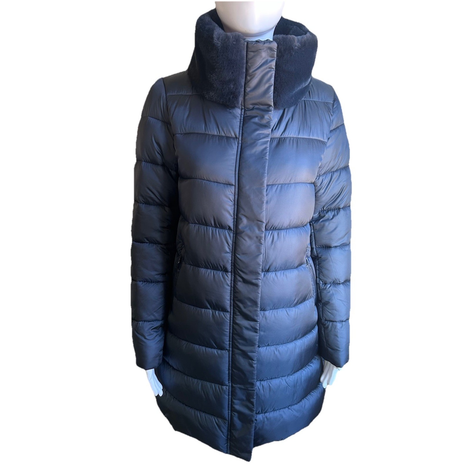 Save The Duck Dalea Faux Fur Collar Longline Puffer Jacket Blue Women’s Small
